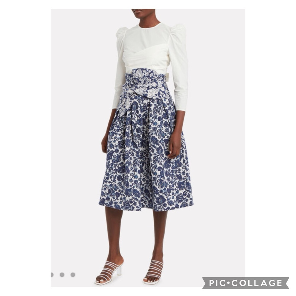 ULLA JOHNSON Virgil Printed Denim Pleated Skirt w/ Bow.  Size 8